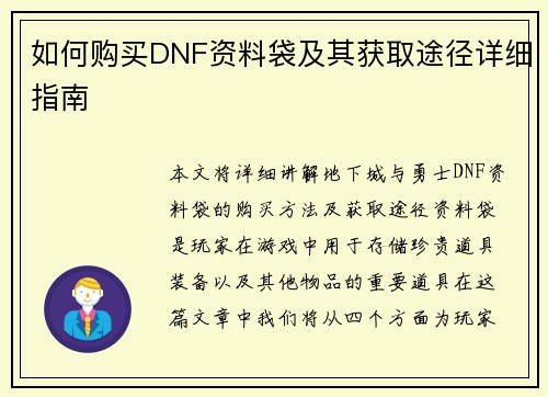 如何购买DNF资料袋及其获取途径详细指南 如何购买DNF资料袋及其获取途径详细指南